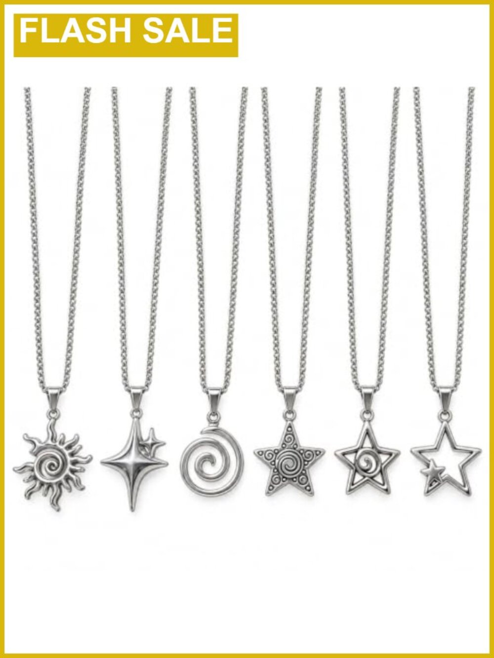 6 Pcs Y2K Necklace Set Silver-Tone Star Sun Spiral Pendant Necklaces